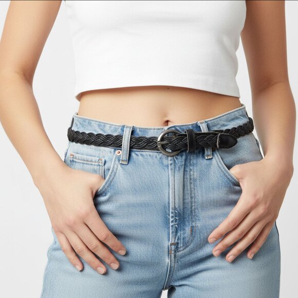 Vintage Black Braided Skinny Belt Adjustable Faux Leather Accent Boho Chic - Picture 1 of 8